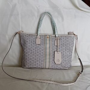 Tory Burch Gray and Cream Tote with Woven Texture